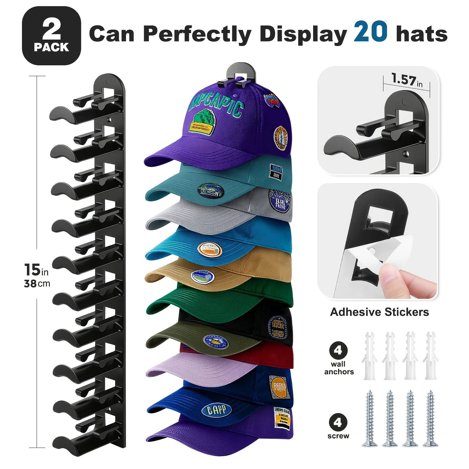 Hat Racks, Baseball Caps, Adhesive, Wall-Drilled