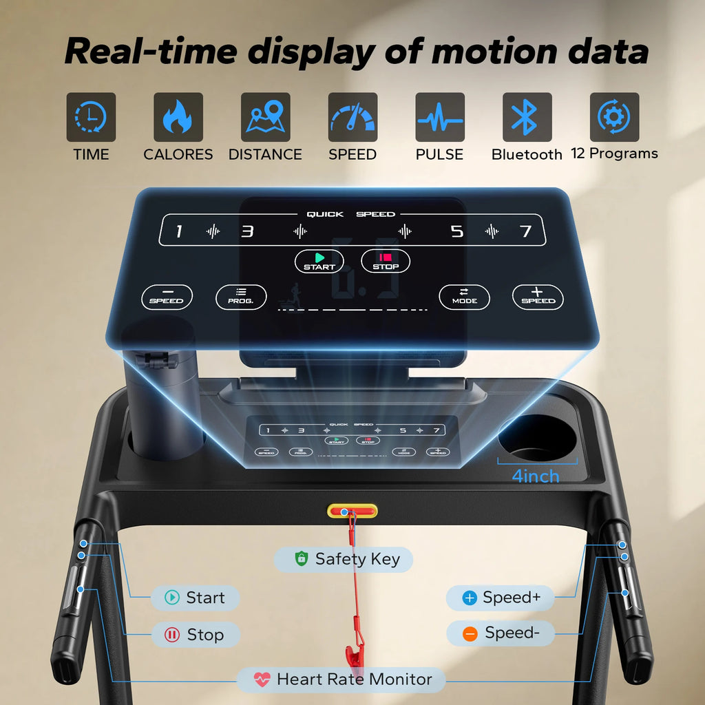Foldable Treadmill, T12 Incline, Quiet, 4 Silicone Shock Cushion