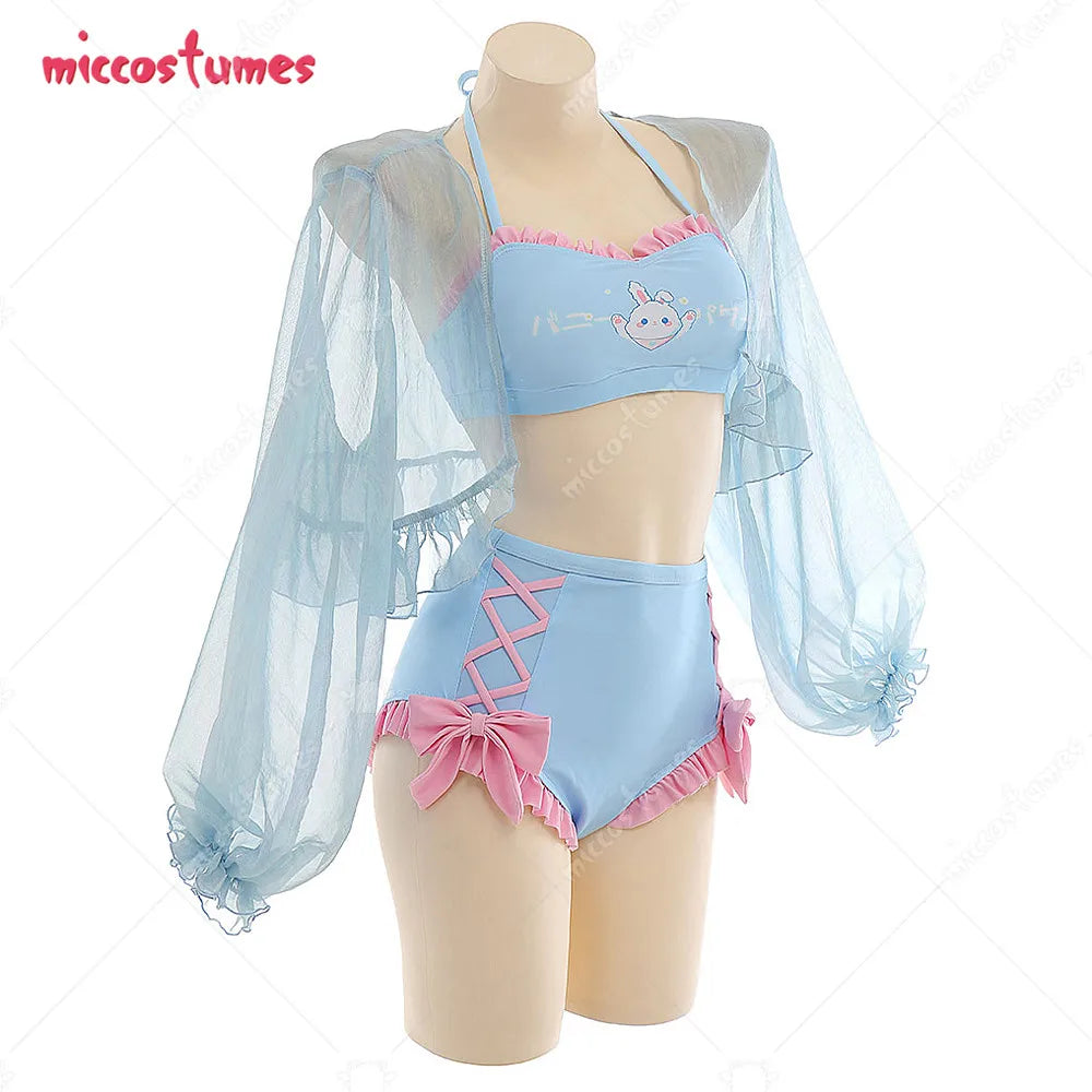 Women Blue Bunny Pattern Swimwear Bathing Suit