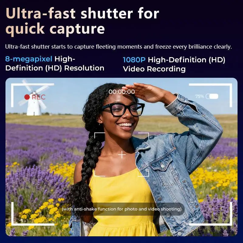 Smart AI Camera Glasses, 8MP, 140+ Languages, Bluetooth Music, 1080P Video Recording