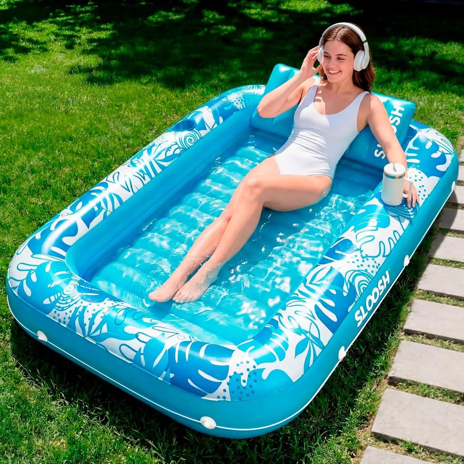 4 in 1 Suntan Tub Raft, Inflatable, Tanning, Pool,  70" x 46", Pillow