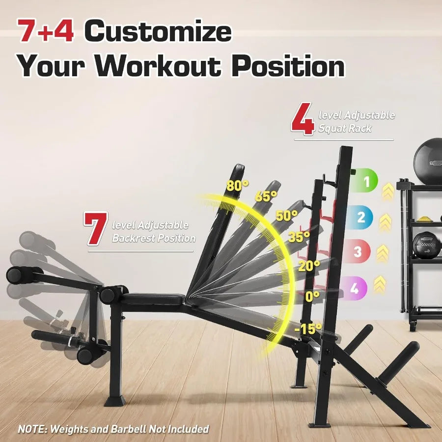 Squat Rack - 900LBS Adjustable Bench Press with Leg Extension and Leg Curl Incline Decline Flat Workout