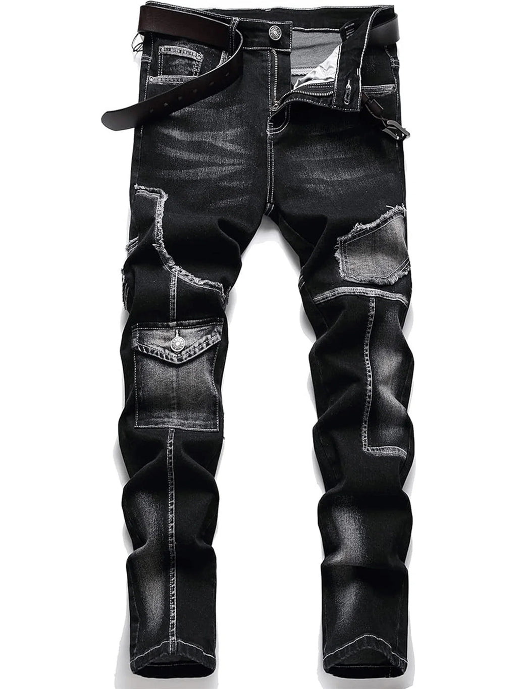 Mid-high waist fringed jeans, solid color