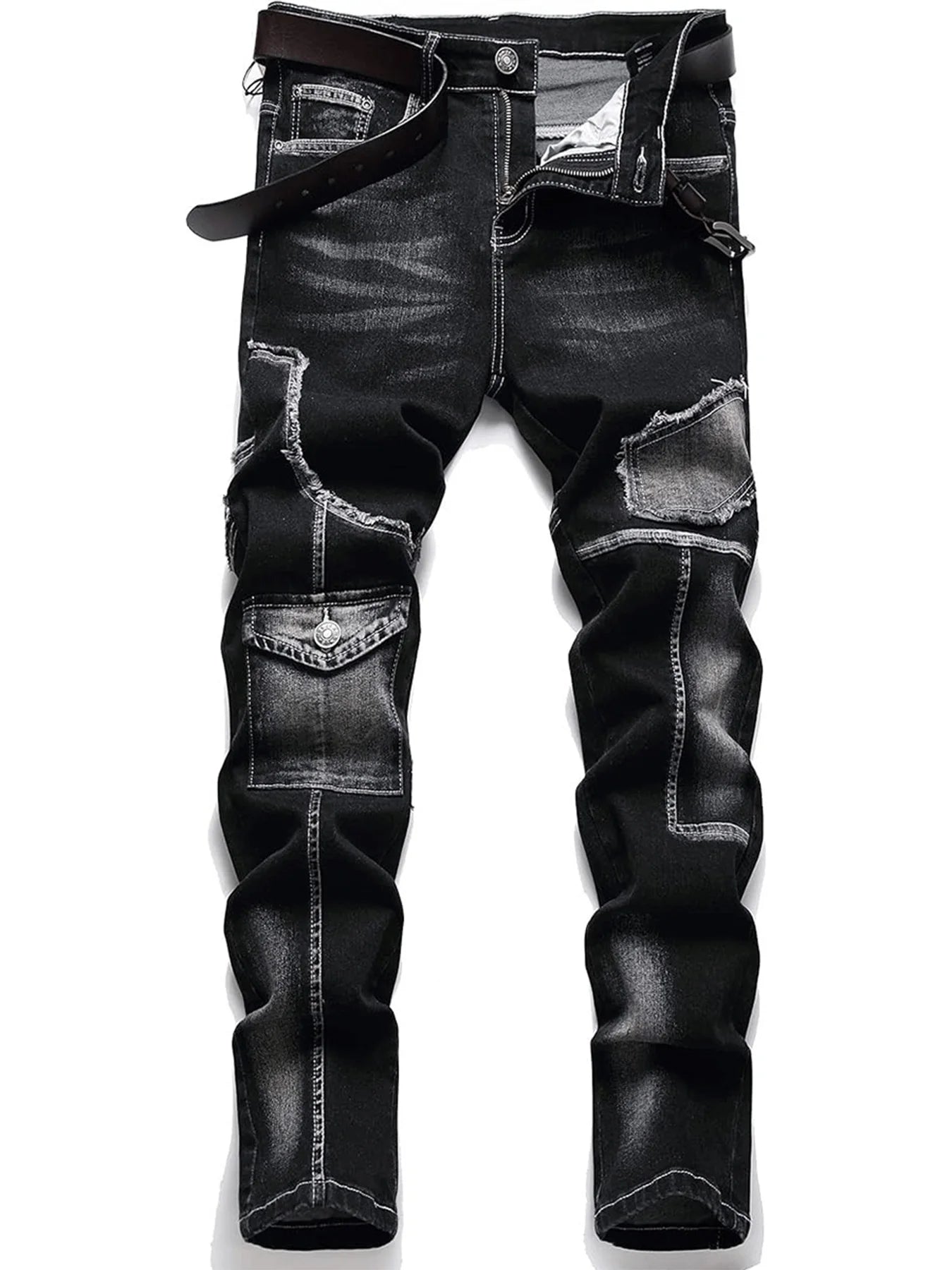 Mid-high waist fringed jeans, solid color