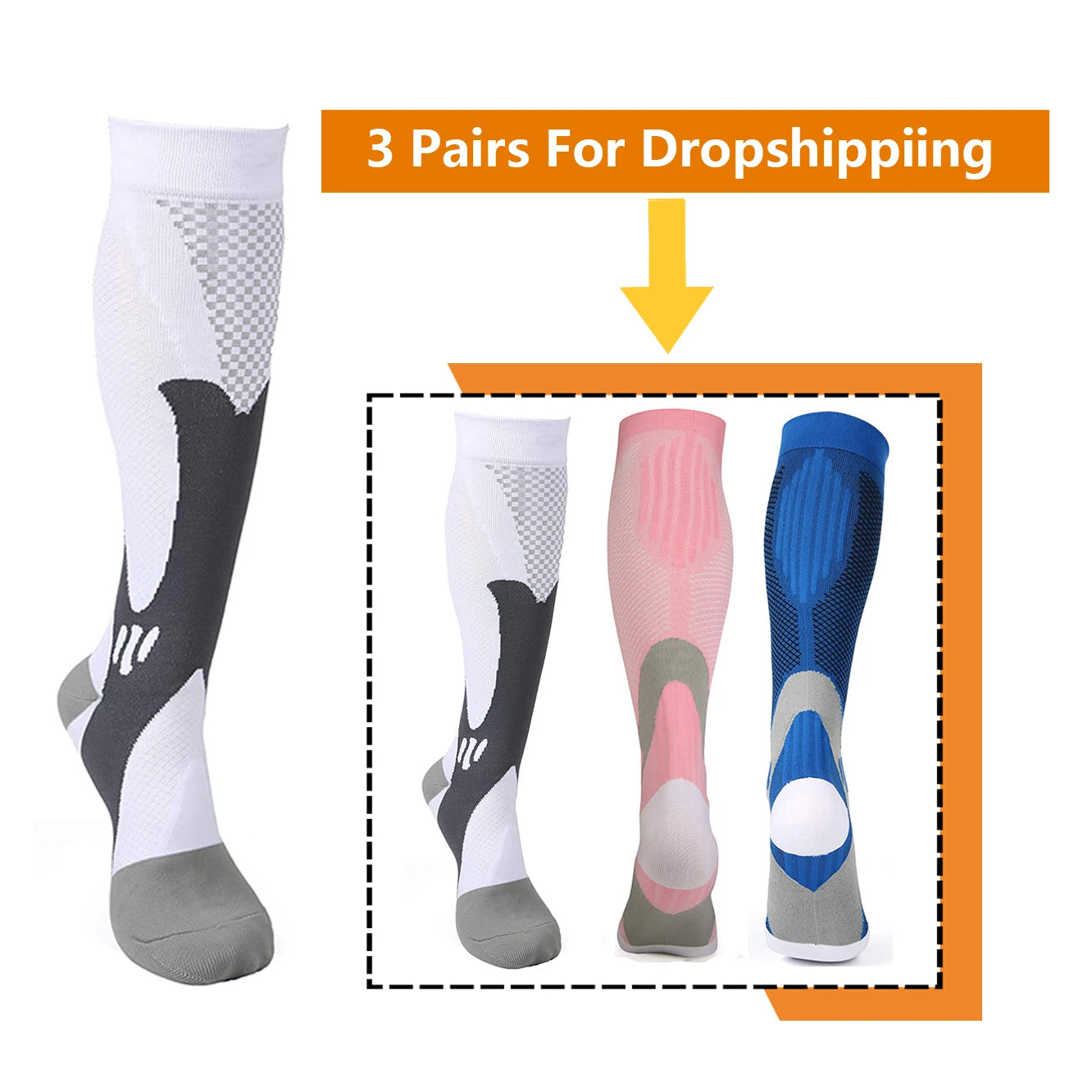 3 Pairs, Compression Socks, 20-30 mm Hg, Athletic, Nylon Medical Nursing