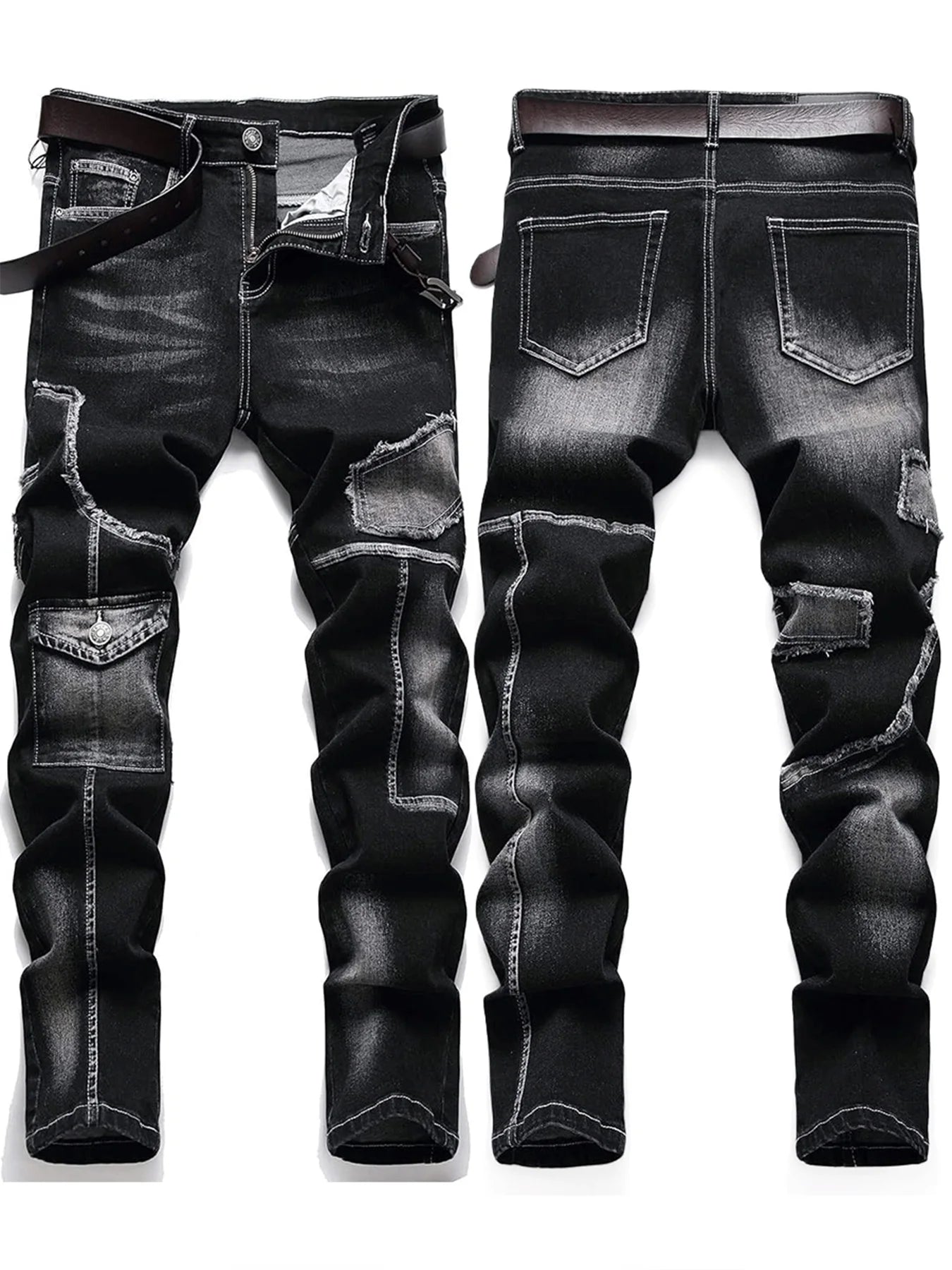 Mid-high waist fringed jeans, solid color