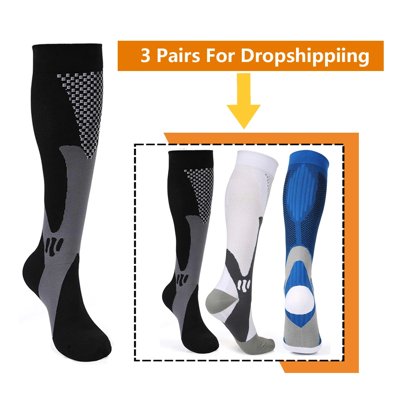 3 Pairs, Compression Socks, 20-30 mm Hg, Athletic, Nylon Medical Nursing