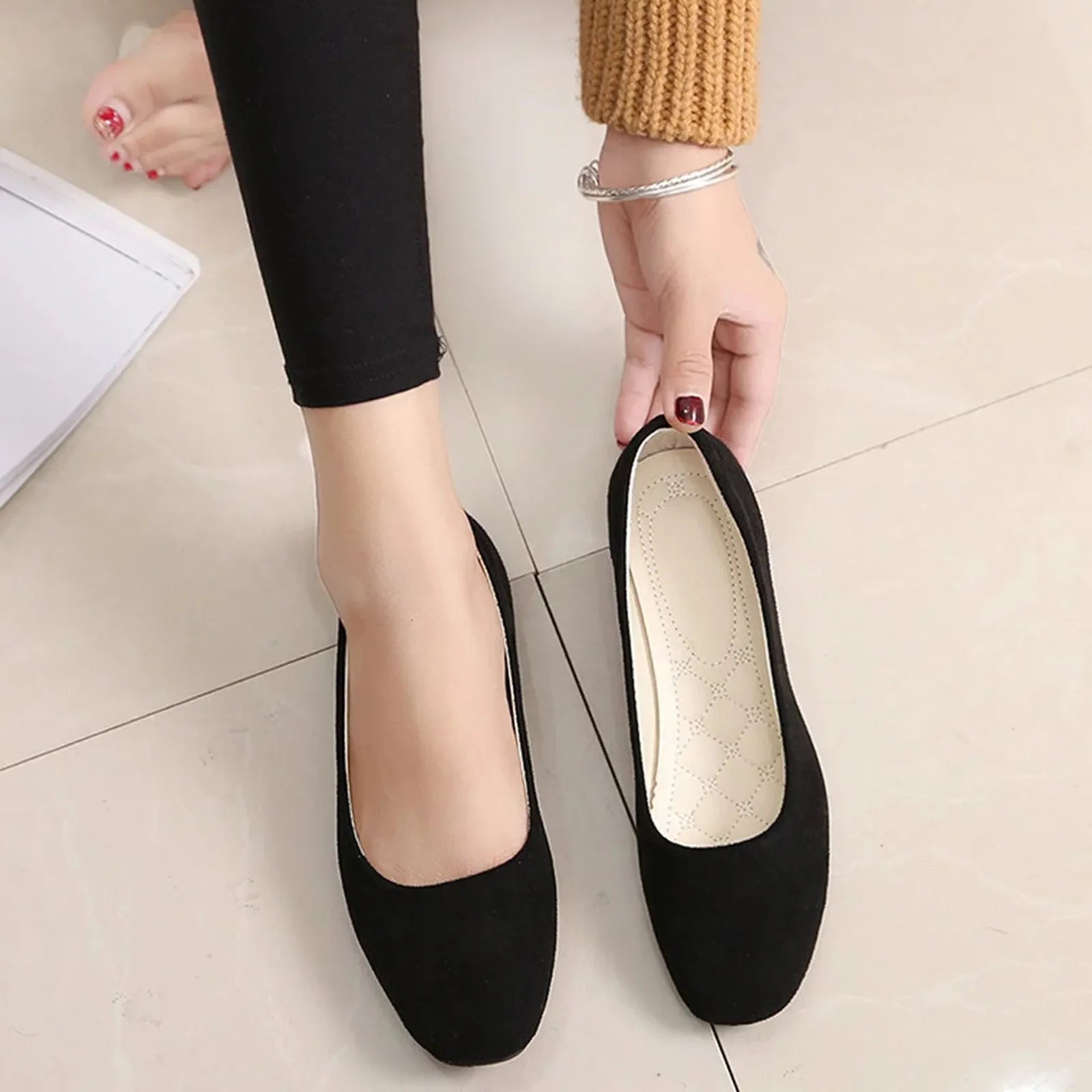 Women Suede Square Flat Heel, Pumps Size 34-39