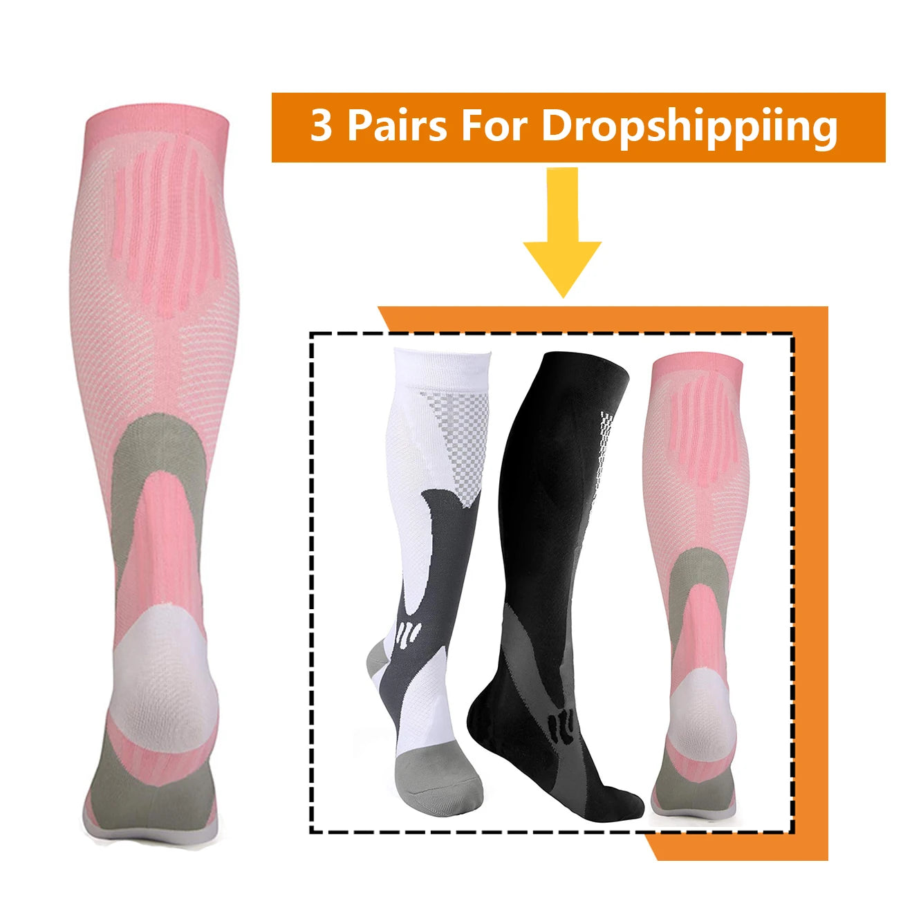 3 Pairs, Compression Socks, 20-30 mm Hg, Athletic, Nylon Medical Nursing