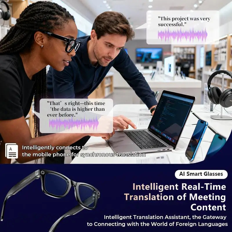 Smart AI Camera Glasses, 8MP, 140+ Languages, Bluetooth Music, 1080P Video Recording