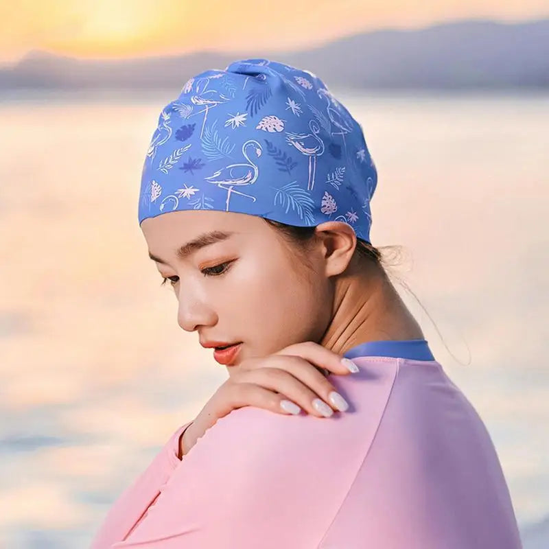 Women Adult ,Printing Swim Cap, Waterproof, Non-Slip