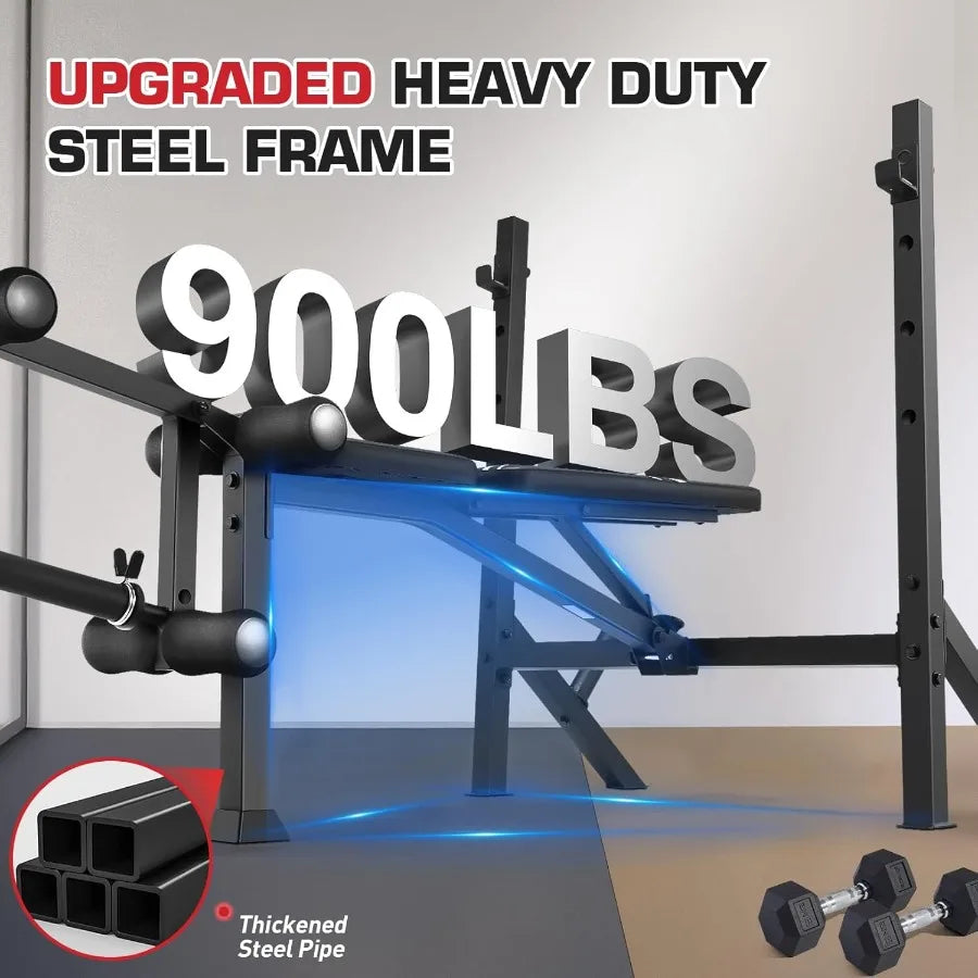Squat Rack - 900LBS Adjustable Bench Press with Leg Extension and Leg Curl Incline Decline Flat Workout