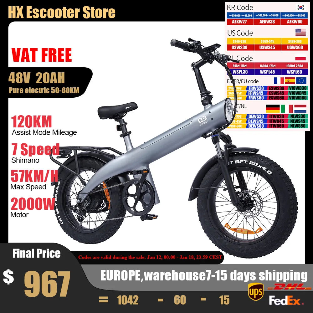2000W Electric Bike, 48V Removable Battery, 115Nm E bike 20*4.0 Inch Tire