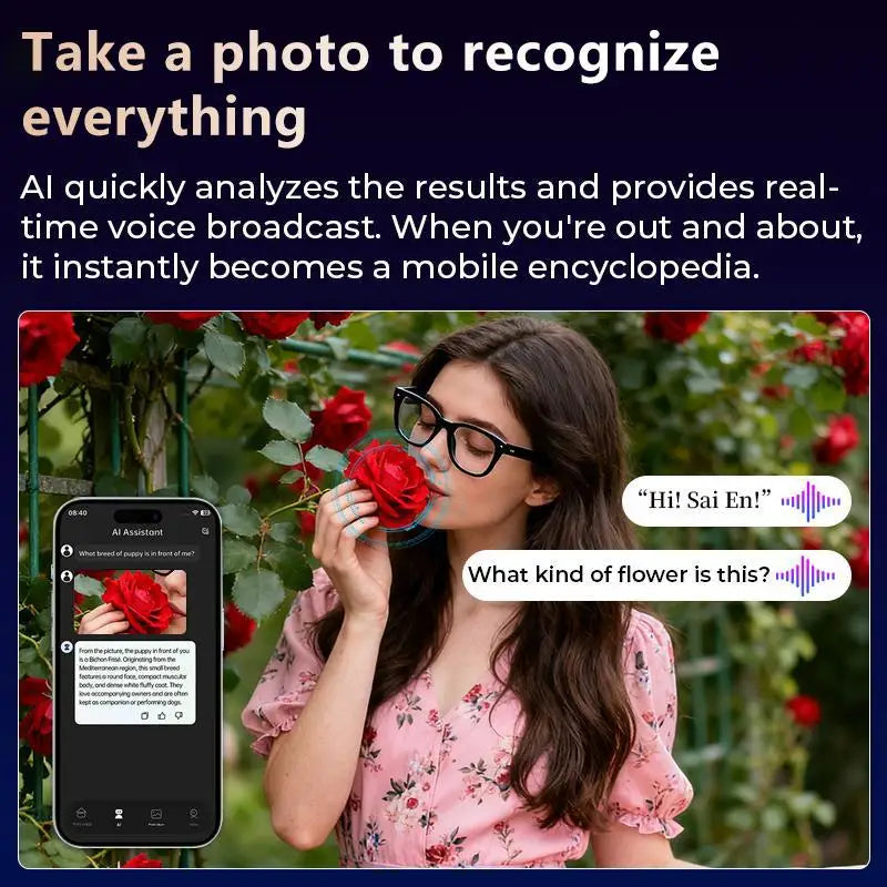 Smart AI Camera Glasses, 8MP, 140+ Languages, Bluetooth Music, 1080P Video Recording