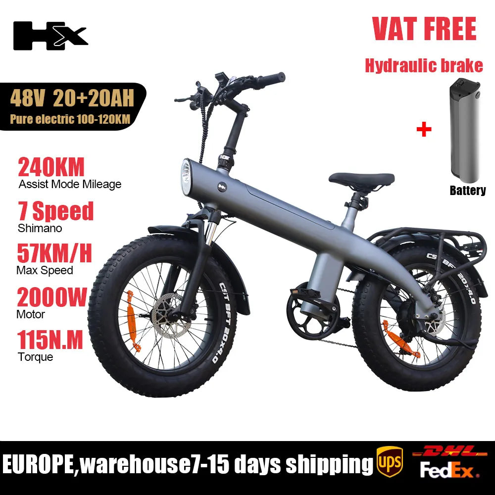 2000W Electric Bike, 48V Removable Battery, 115Nm E bike 20*4.0 Inch Tire