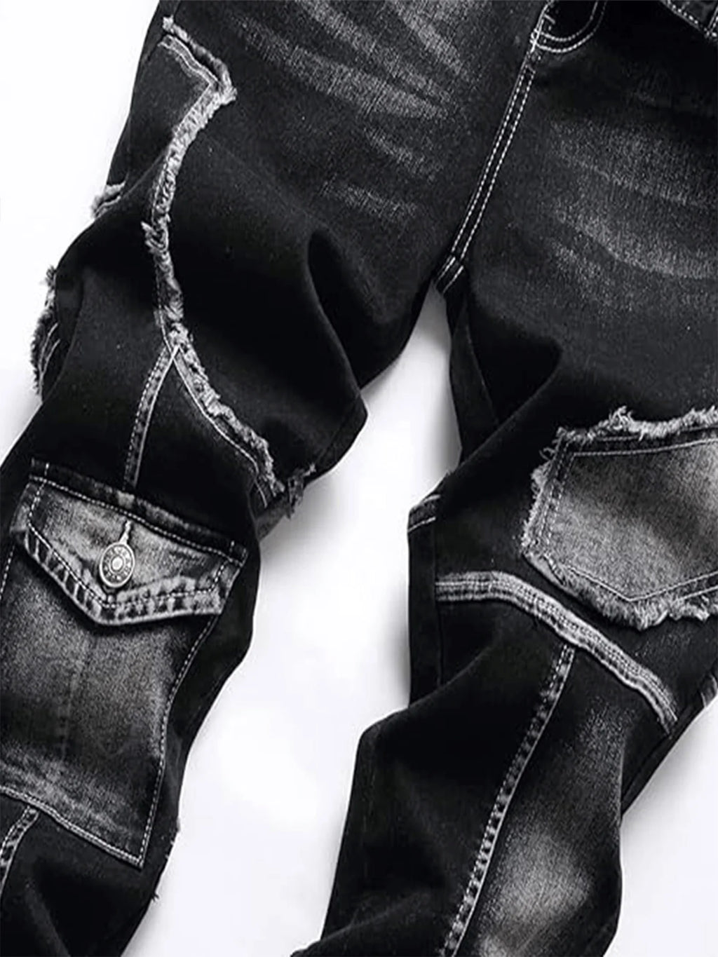 Mid-high waist fringed jeans, solid color