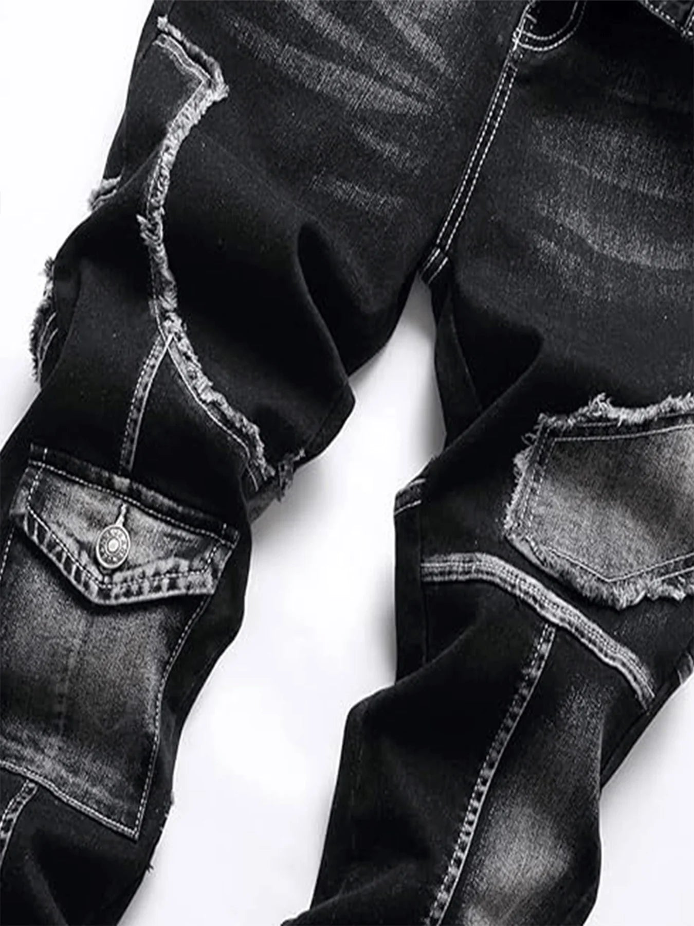 Mid-high waist fringed jeans, solid color