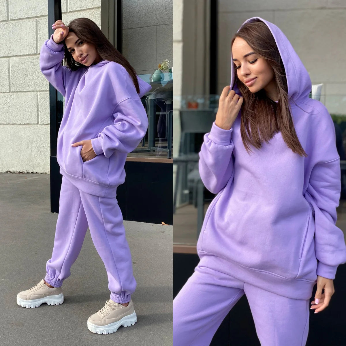 Women Fleece Two Piece Sets,Warm Hoodies