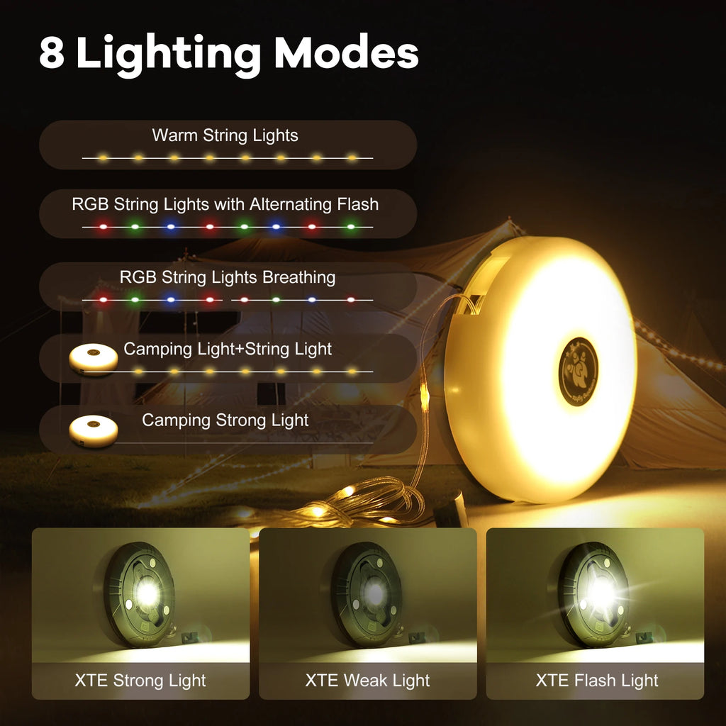 10M Camping String Light, Waterproof, RGB, Lantern, Rechargeable, LED