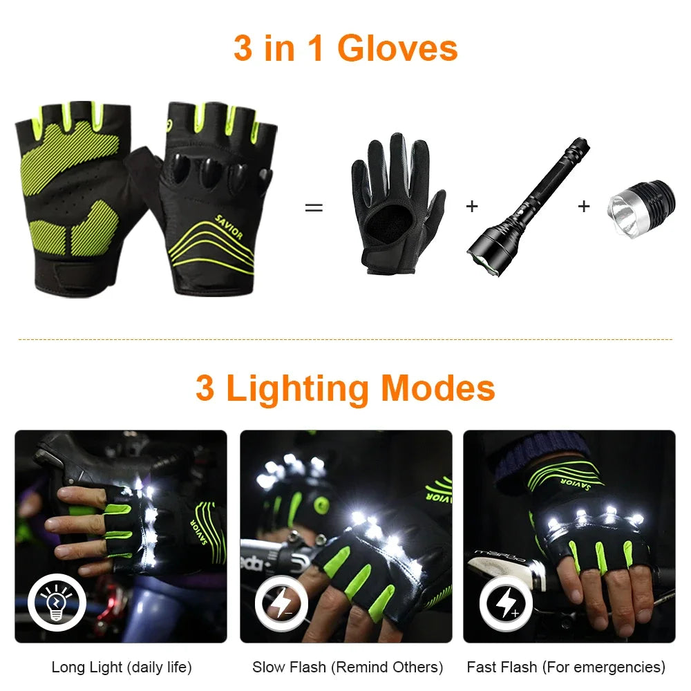 Cycling Gloves, LED, Night view, Rechargeable Flashlight