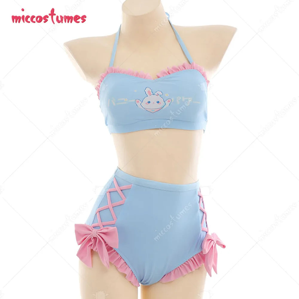 Women Blue Bunny Pattern Swimwear Bathing Suit