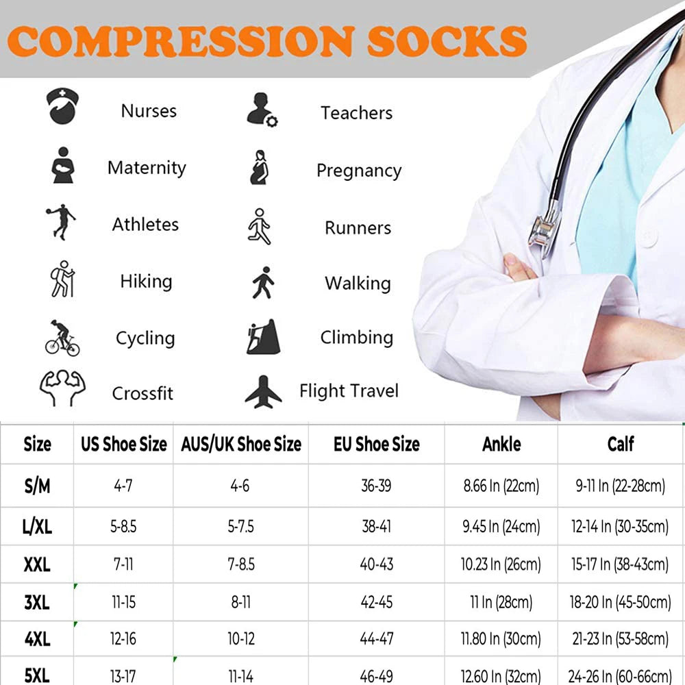 3 Pairs, Compression Socks, 20-30 mm Hg, Athletic, Nylon Medical Nursing