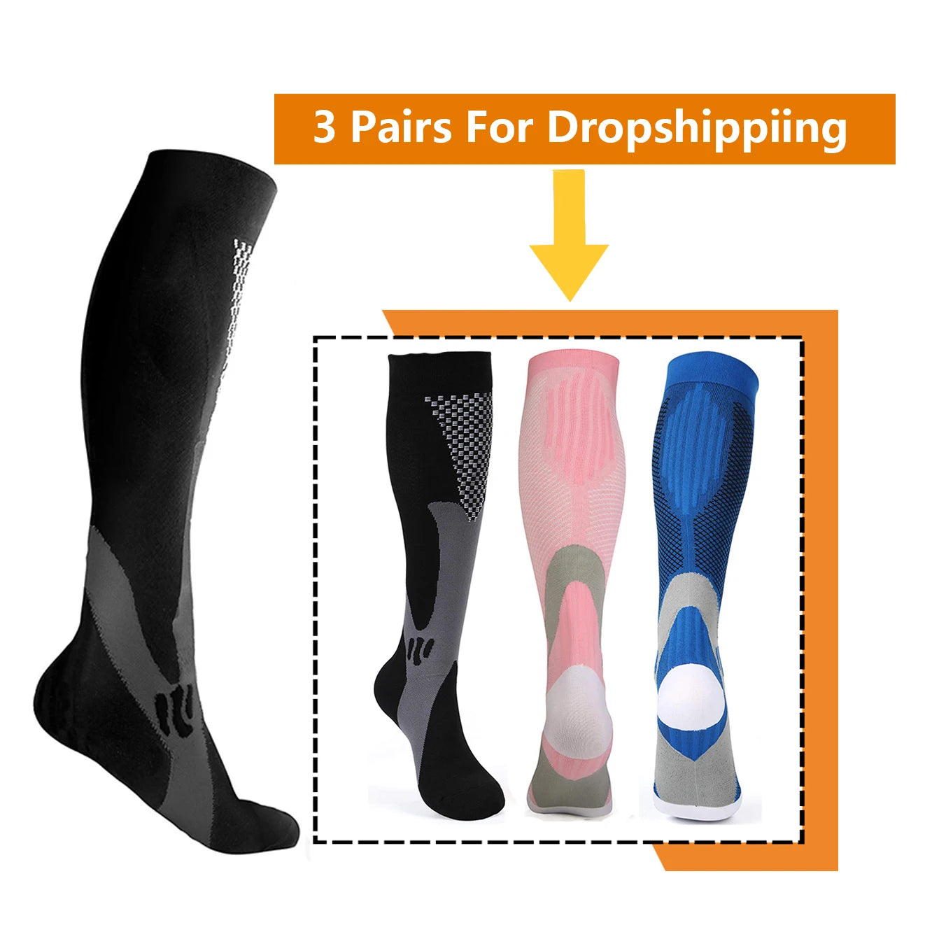 3 Pairs, Compression Socks, 20-30 mm Hg, Athletic, Nylon Medical Nursing
