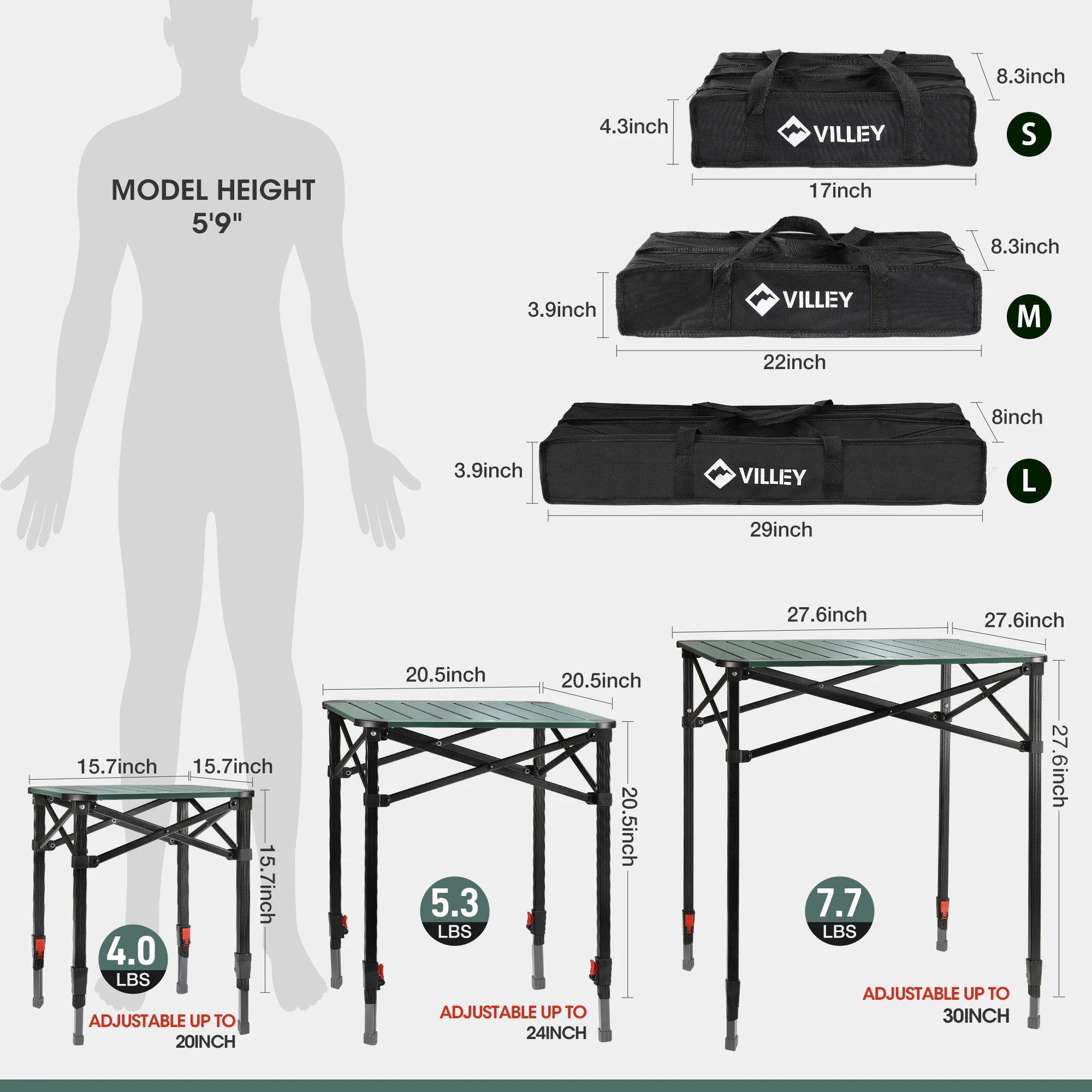 Folding Camping Square Table, Carry Bag, Aluminum