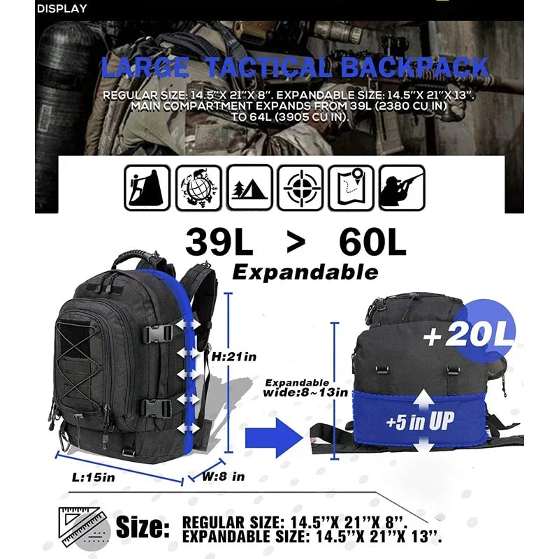 Extra Large 60L Backpack, Water Resistant Hiking, Travel