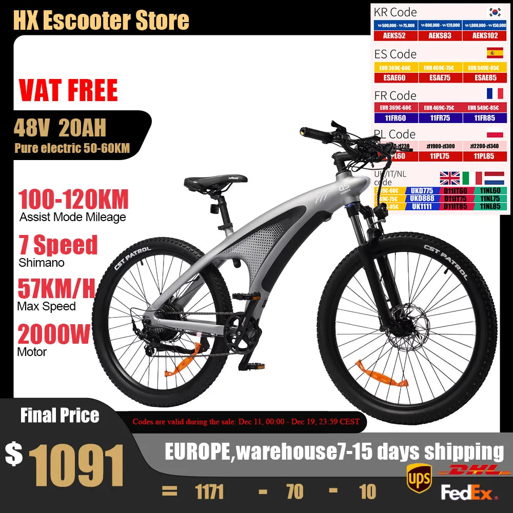 E bike, 2000W, Adults, 85Nm 57KM/H,  27.5*2.25 Inch Removable battery, Mountain Bike