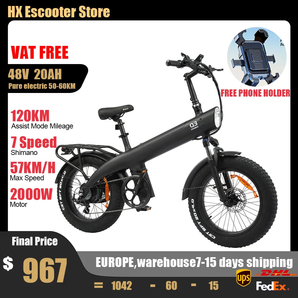 2000W Electric Bike, 48V Removable Battery, 115Nm E bike 20*4.0 Inch Tire