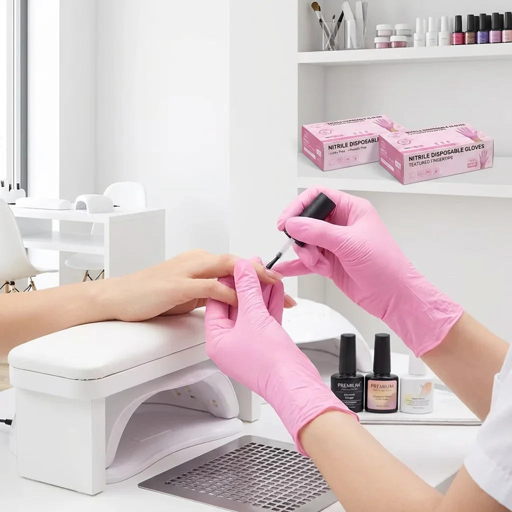 100 Pcs Pink Nitrile Gloves, Stretch Resistant, Cooking,