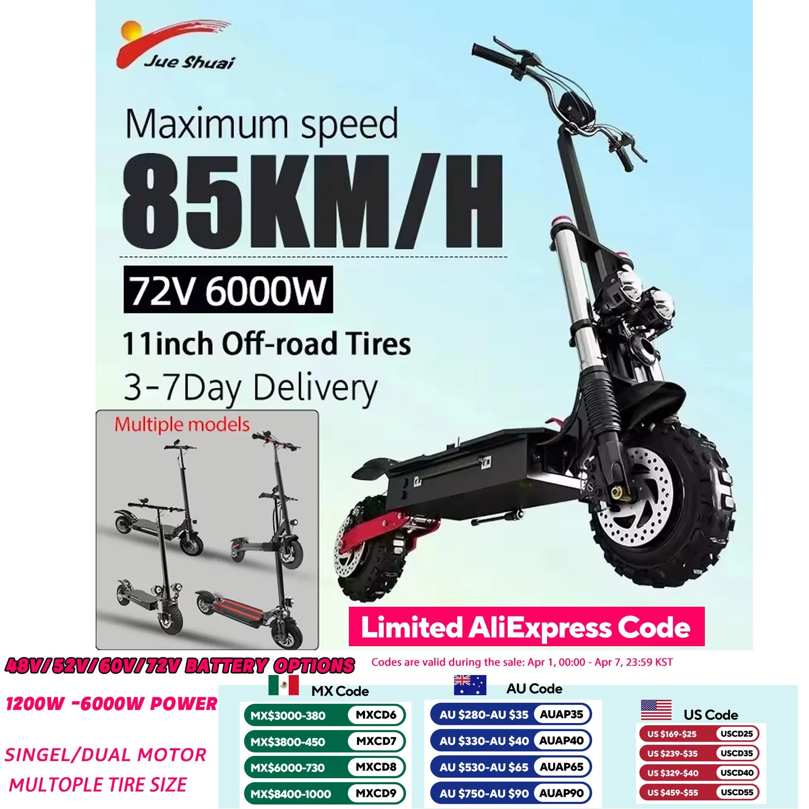[8 models]10/11 Inch 48V-72V 1000W-6000W Electric Scooter 50-85km/h, Kick, Foldable Adult