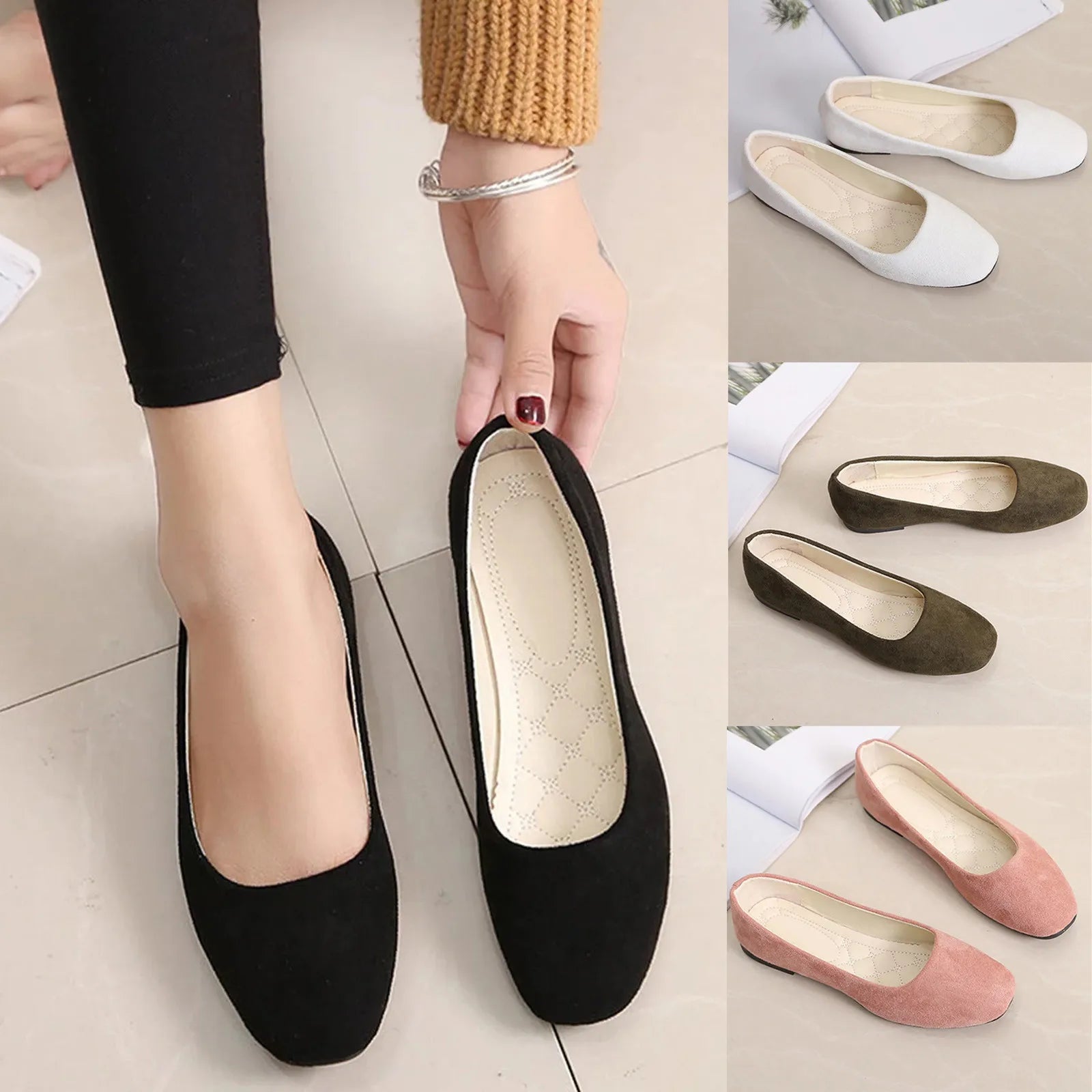 Women Suede Square Flat Heel, Pumps Size 34-39